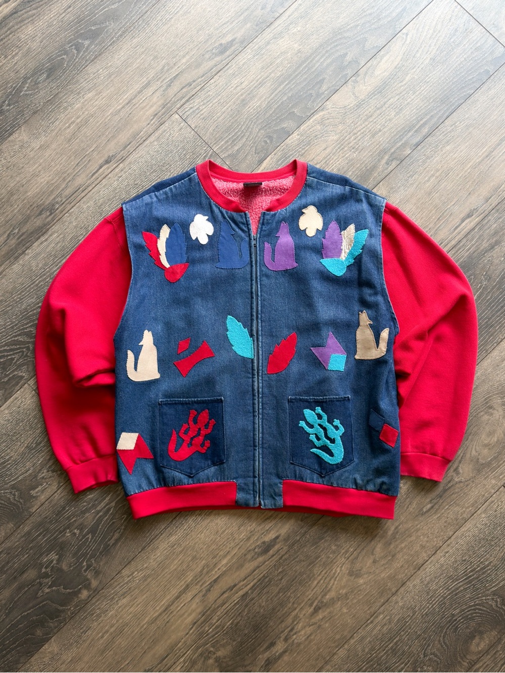 Women’s XL Denim Applique Sweatshirt Jacket Southwest Aztec Full Zip Vintage 90s